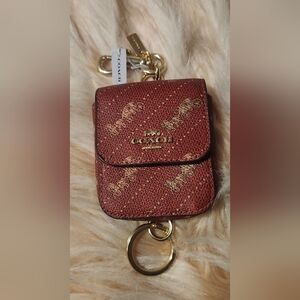 COACH Red-Brown Signature Key & Card Holder with Gold Hardware